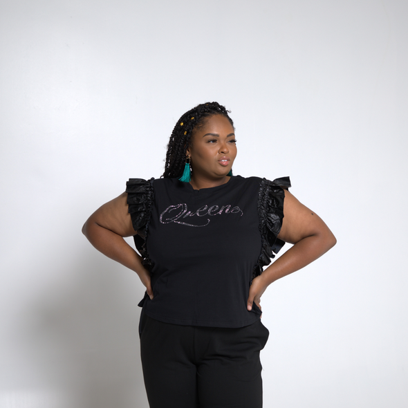 T.D. Jakes - Shirt with Vegan Leather Ruffle Sleeve with Drawstring - Queen