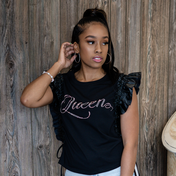 T.D. Jakes - Shirt with Vegan Leather Ruffle Sleeve with Drawstring - Queen